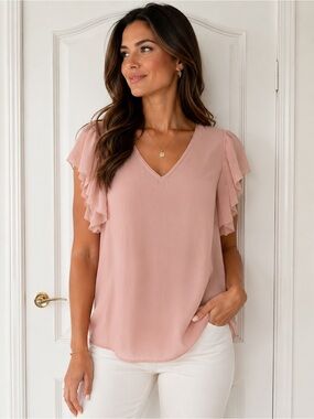 RW&CO. Blush Pink V-Neck Ruffle Sleeve Top